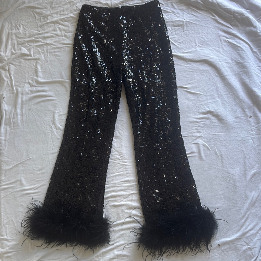 Hutch Black Sequin Boot-Cut Pants with Feather Trim